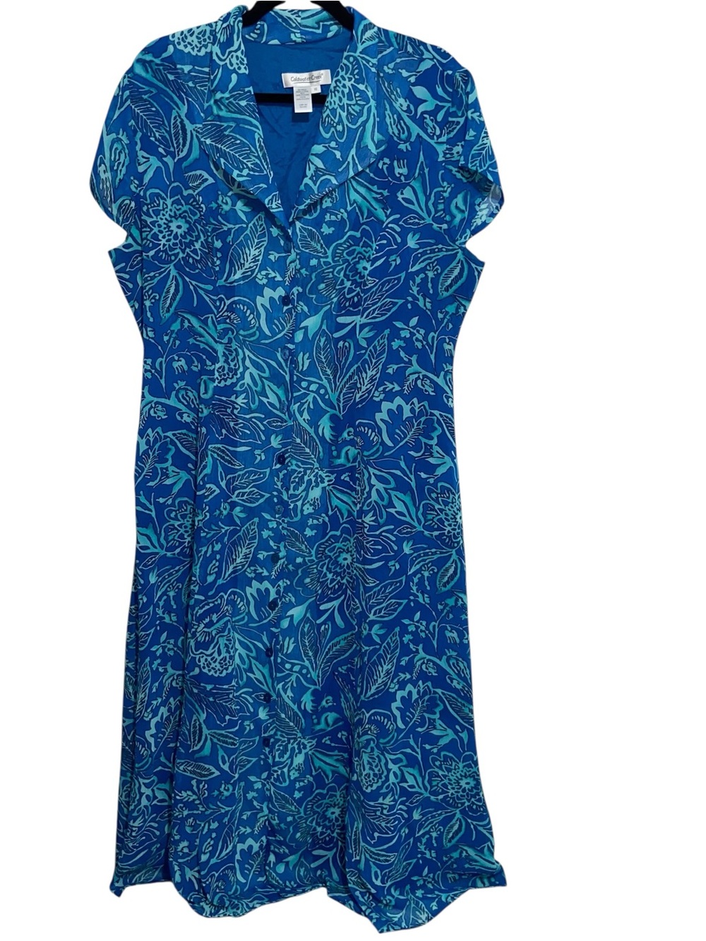 Coldwater Creek Shirt Dress Size 16 Blue Floral Button Front Midi Coastal Resort